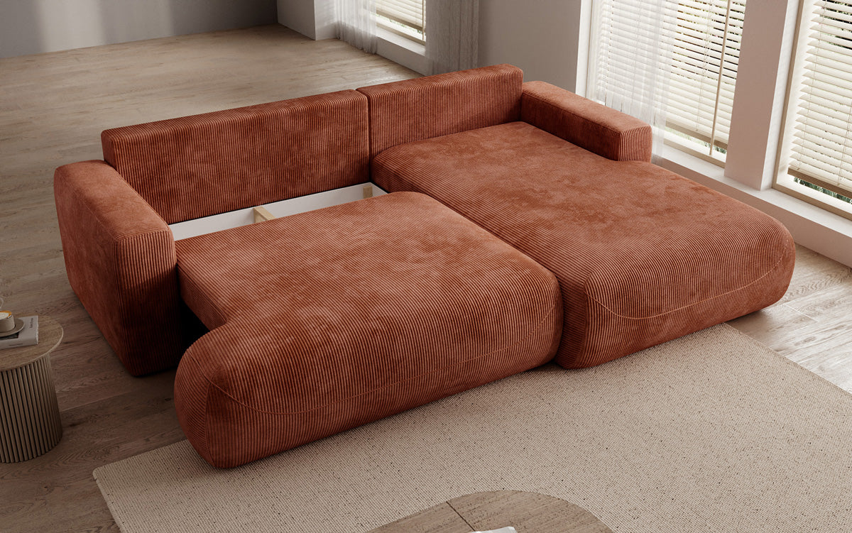 Designer corner sofa Enzo with sleeping and fold-out function in Corduroy