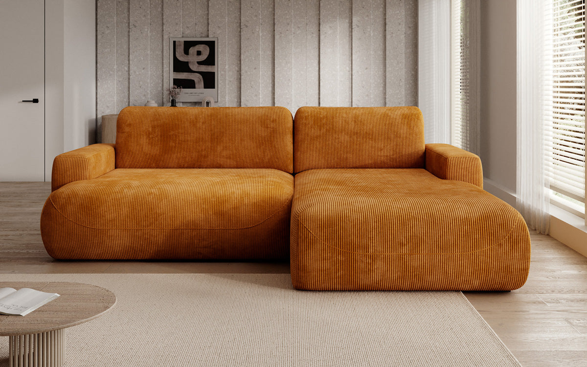 Designer corner sofa Enzo with sleeping and fold-out function in Corduroy