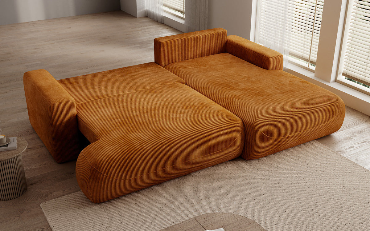 Designer corner sofa Enzo with sleeping and fold-out function in Corduroy