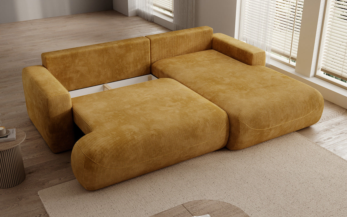Designer corner sofa Enzo with sleeping and fold-out function in Corduroy