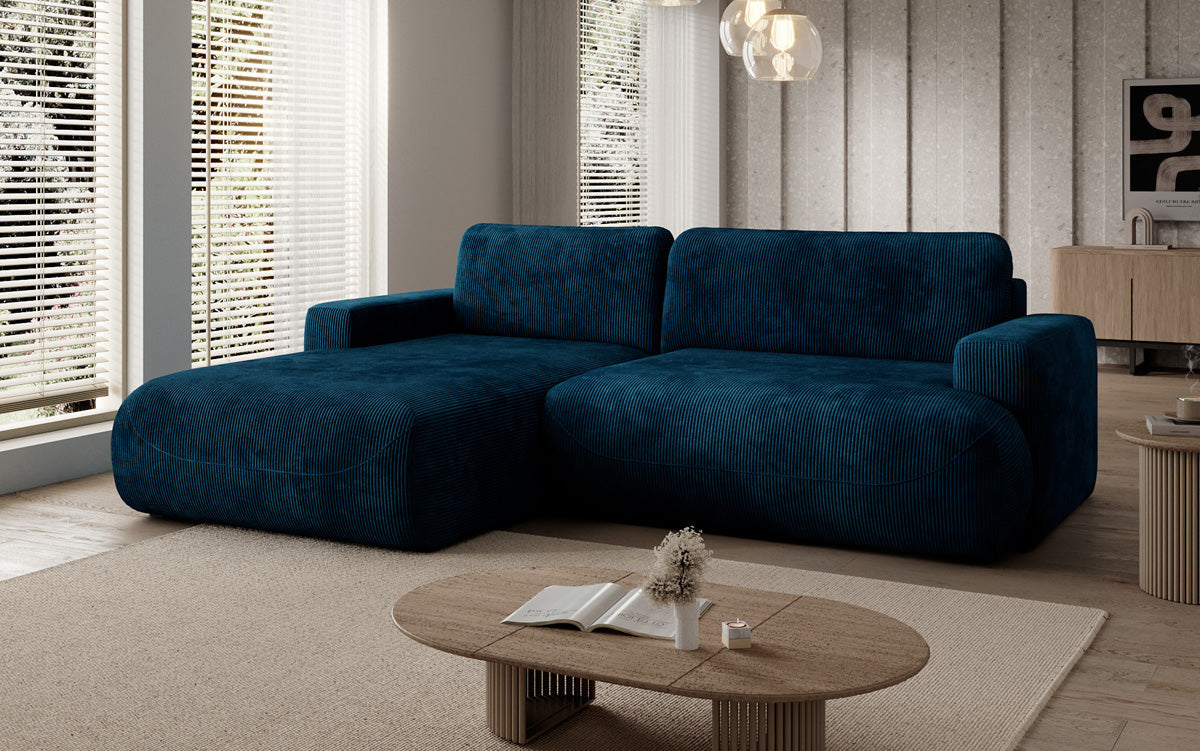 Designer corner sofa Enzo with sleeping and fold-out function in Corduroy