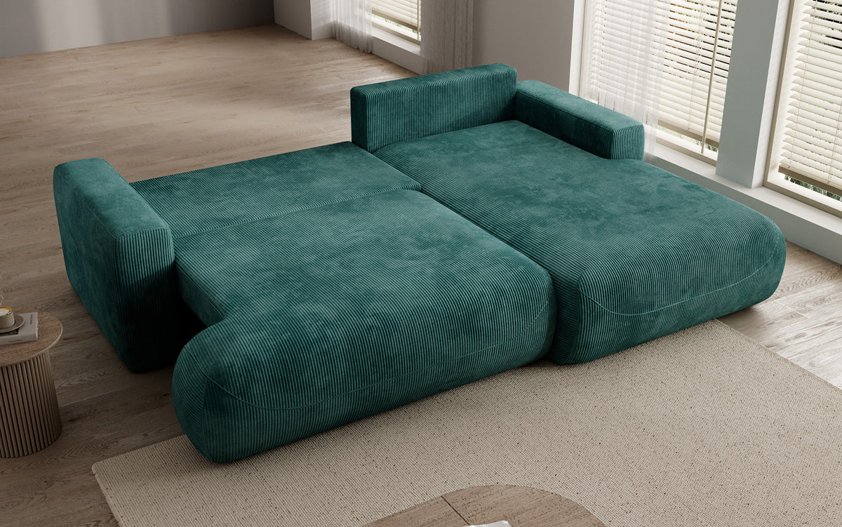 Designer corner sofa Enzo with sleeping and fold-out function in Corduroy
