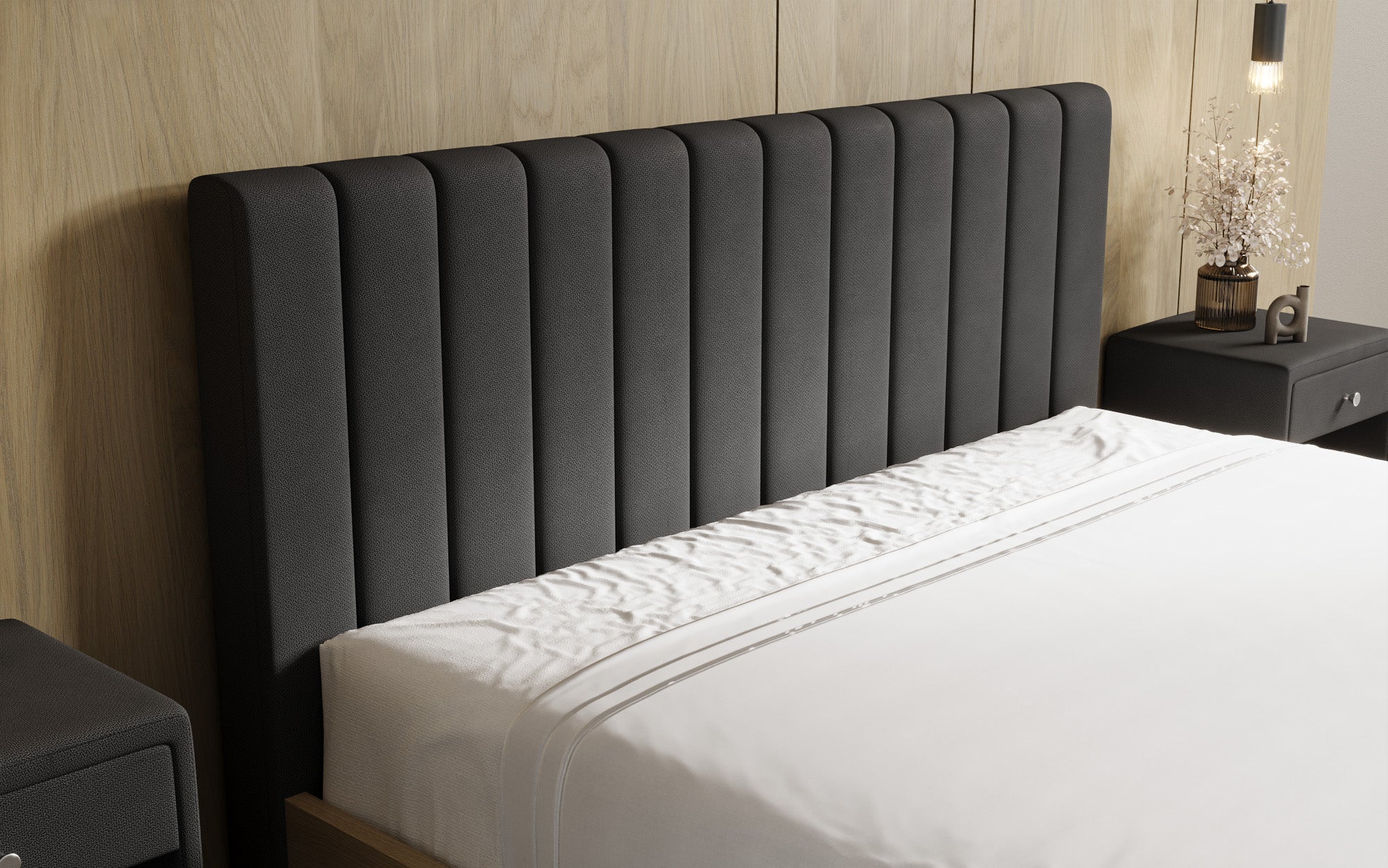 Designer upholstered bed Fiore Linea in fabric with storage space