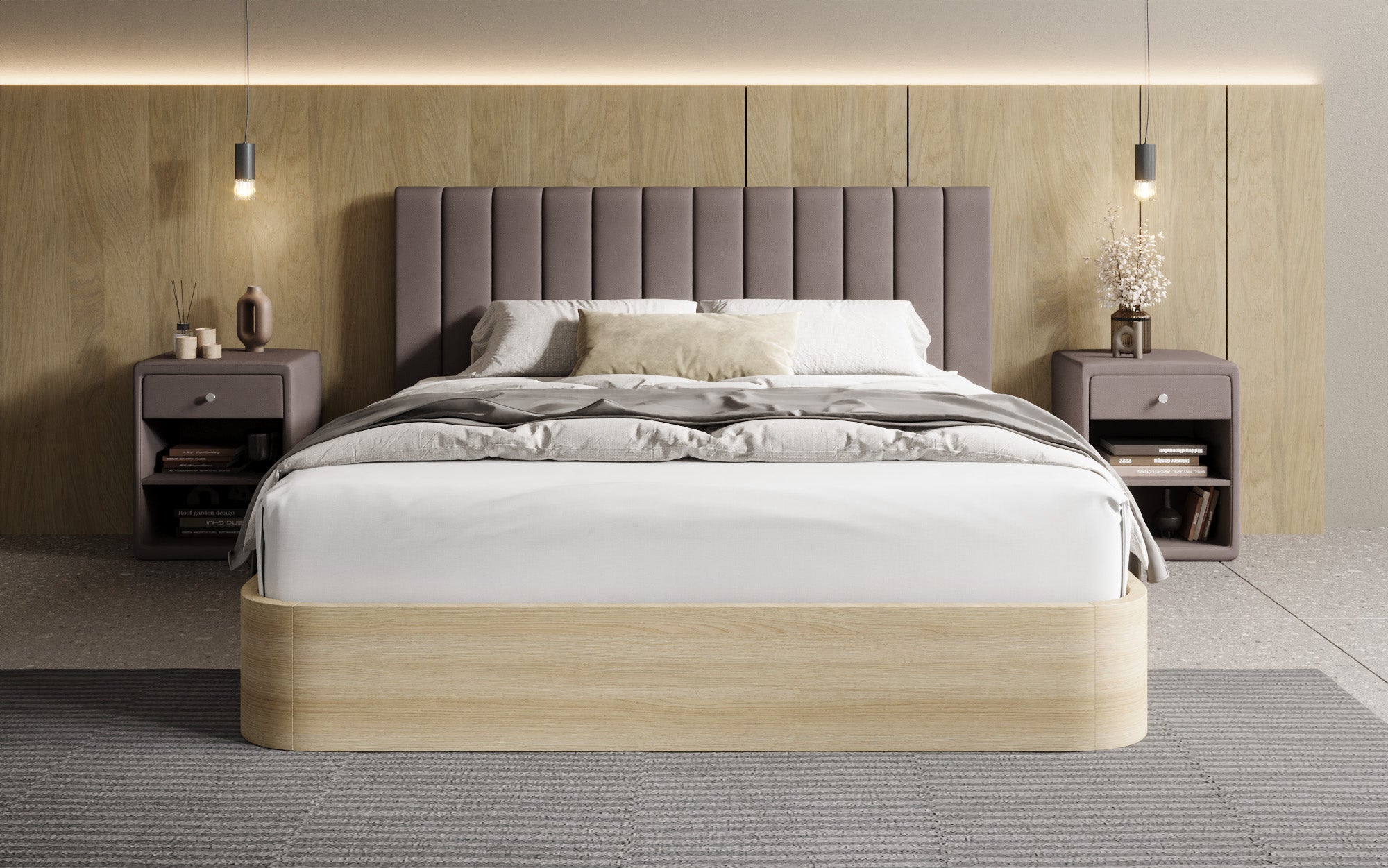 Designer upholstered bed Fiore Linea in fabric with storage space