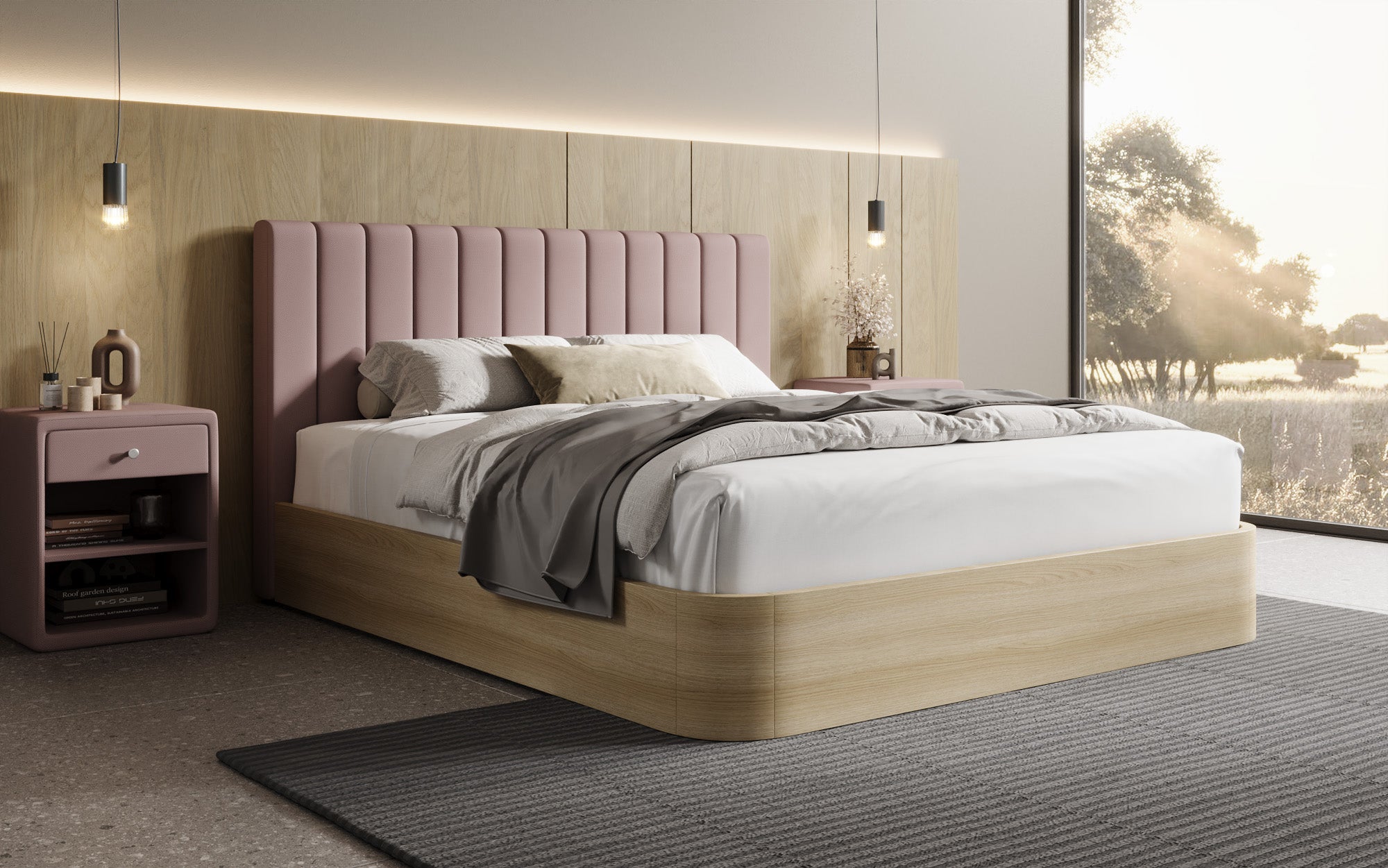 Designer upholstered bed Fiore Linea in fabric with storage space