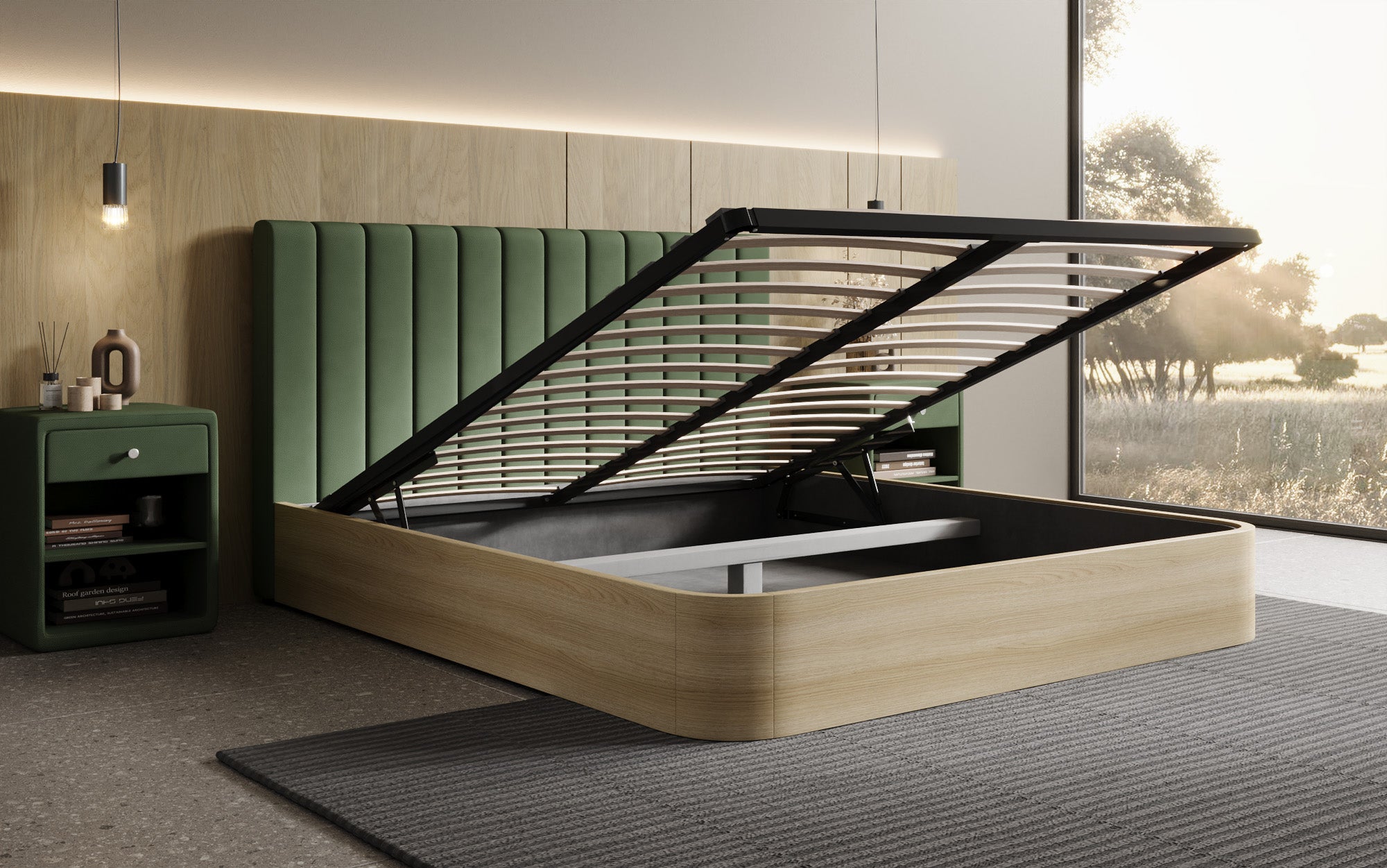 Designer upholstered bed Fiore Linea in fabric with storage space