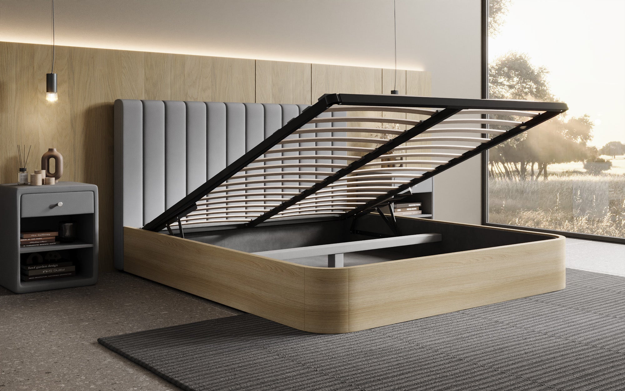 Designer upholstered bed Fiore Linea in fabric with storage space