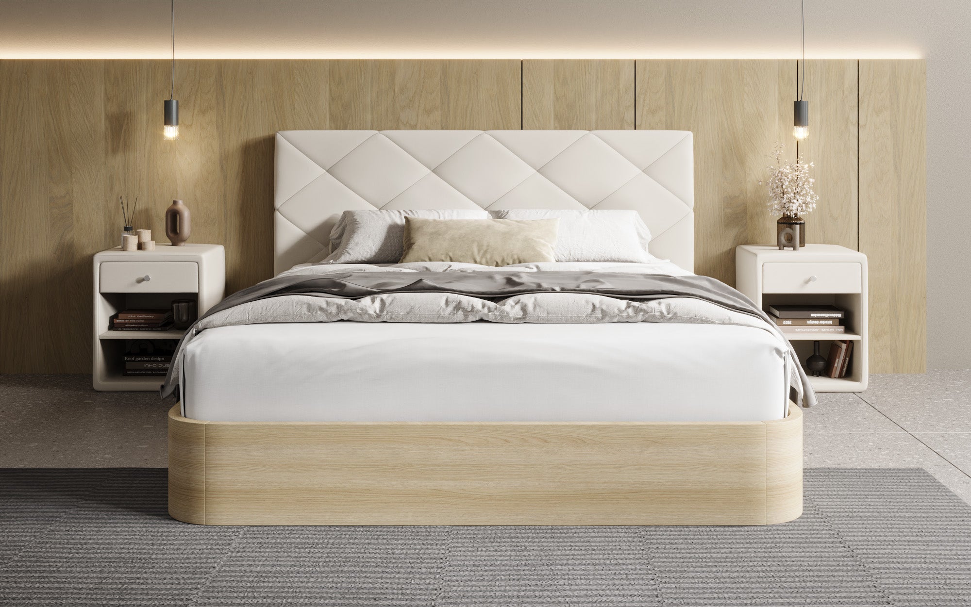 Designer upholstered bed Fiore Caro in fabric with storage space