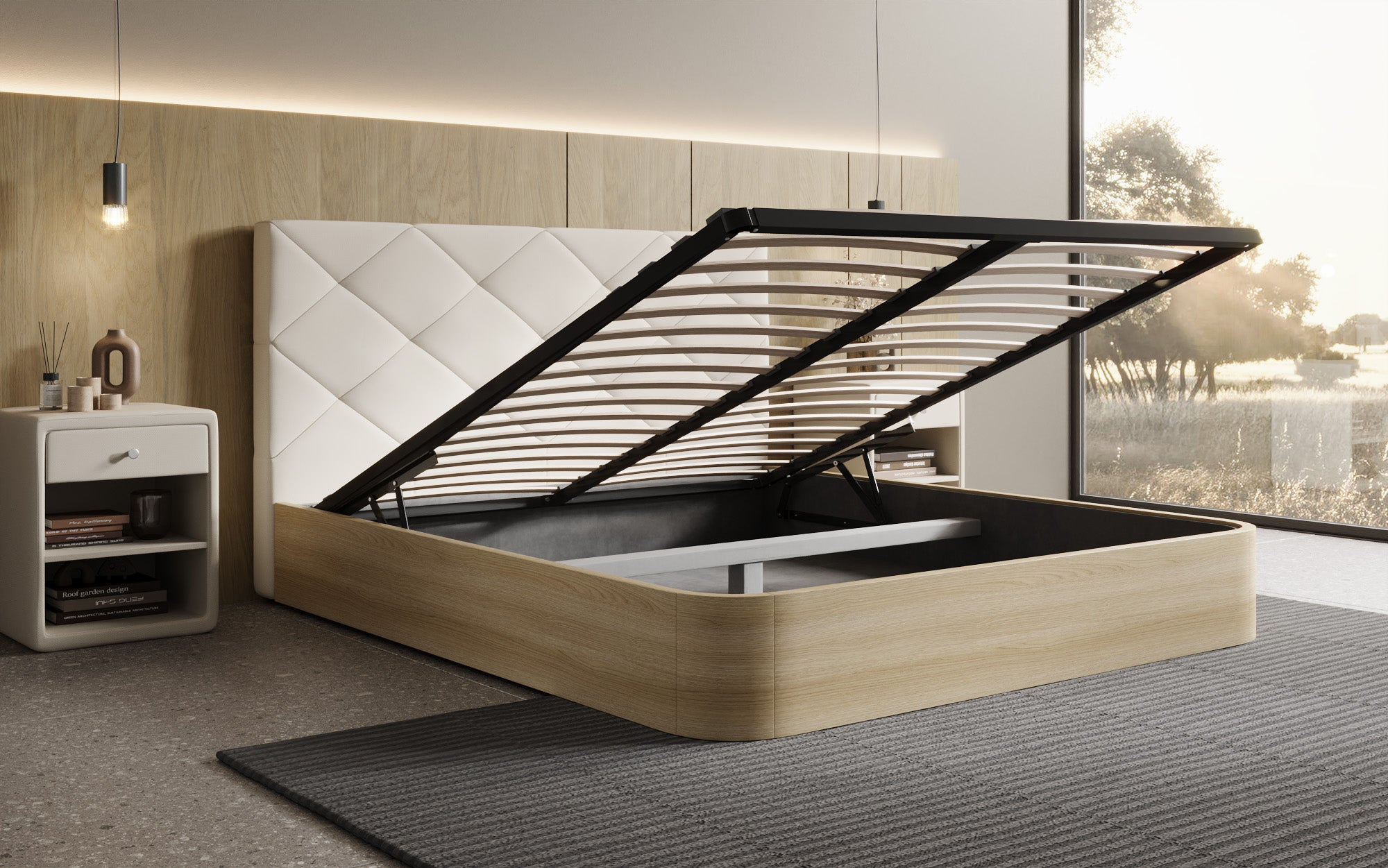 Designer upholstered bed Fiore Caro in fabric with storage space