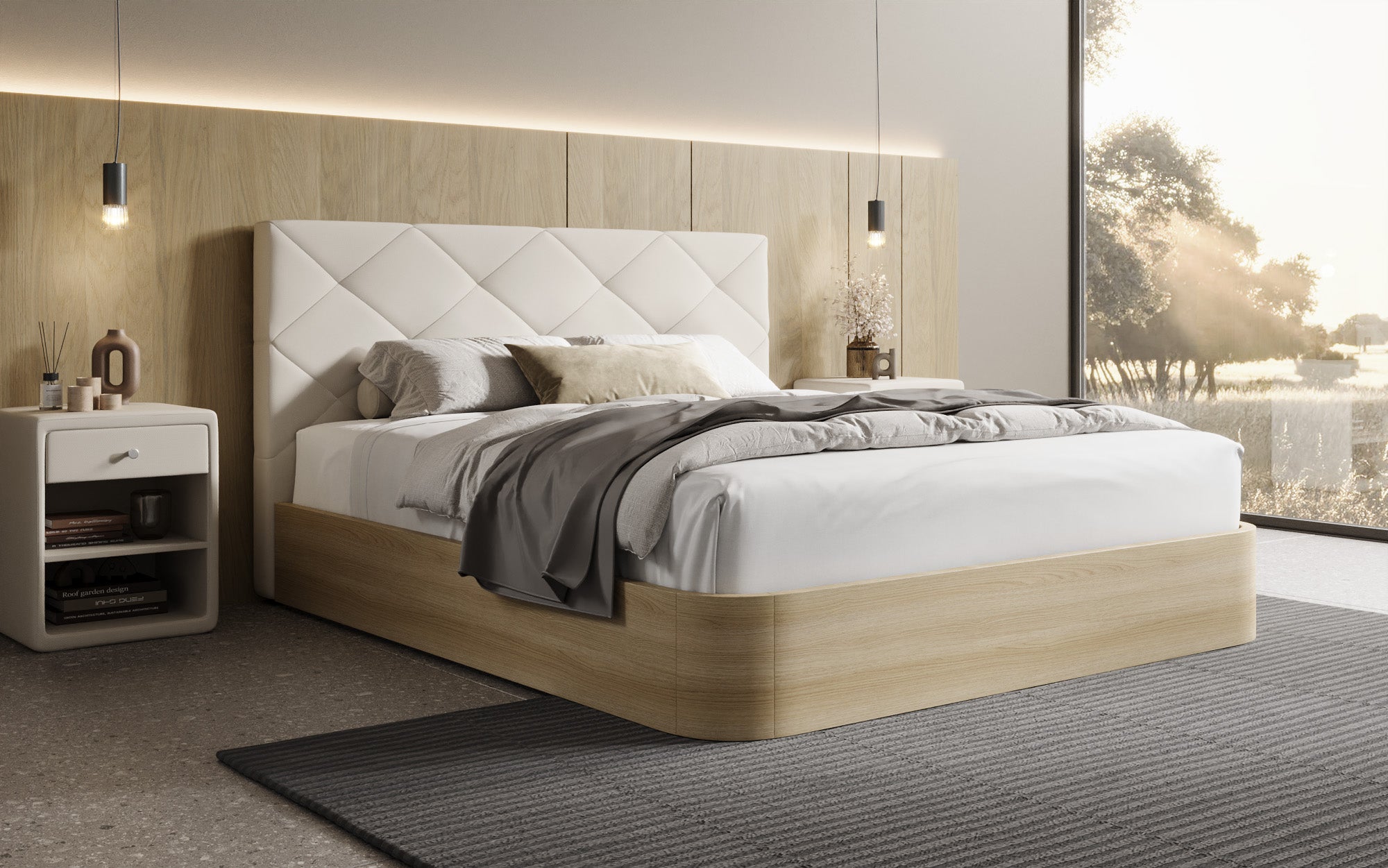 Designer upholstered bed Fiore Caro in fabric with storage space