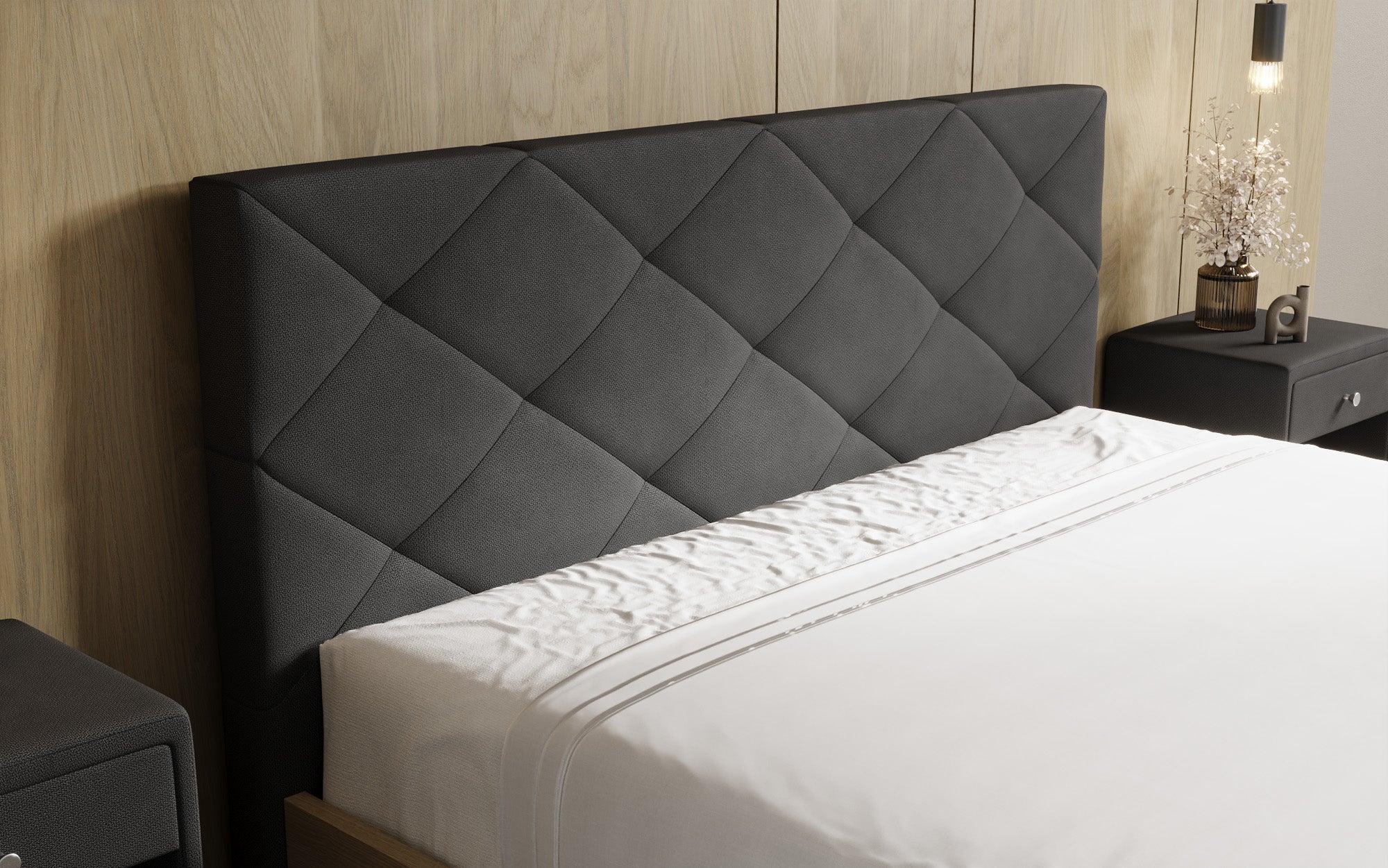 Designer upholstered bed Fiore Caro in fabric with storage space