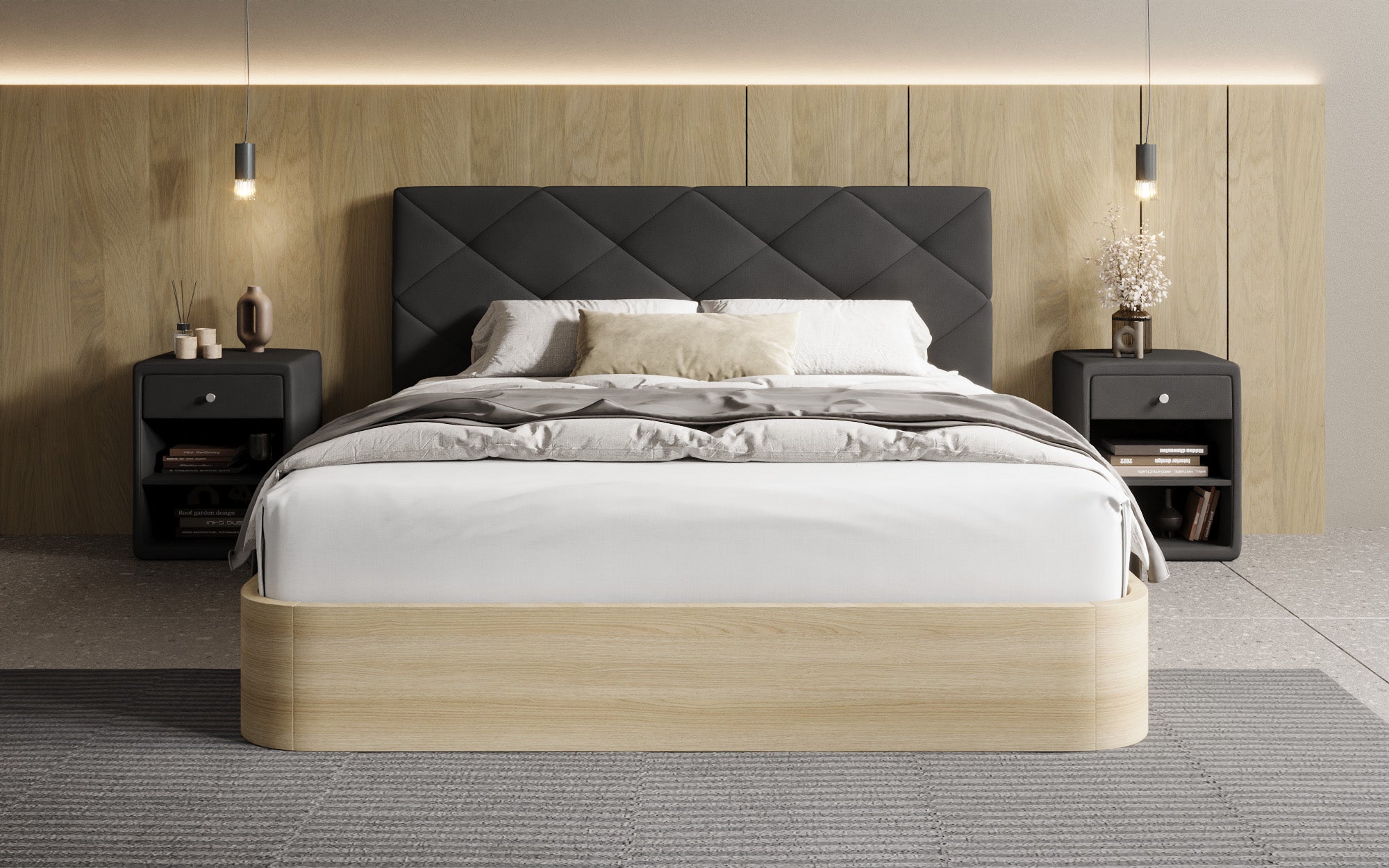Designer upholstered bed Fiore Caro in fabric with storage space