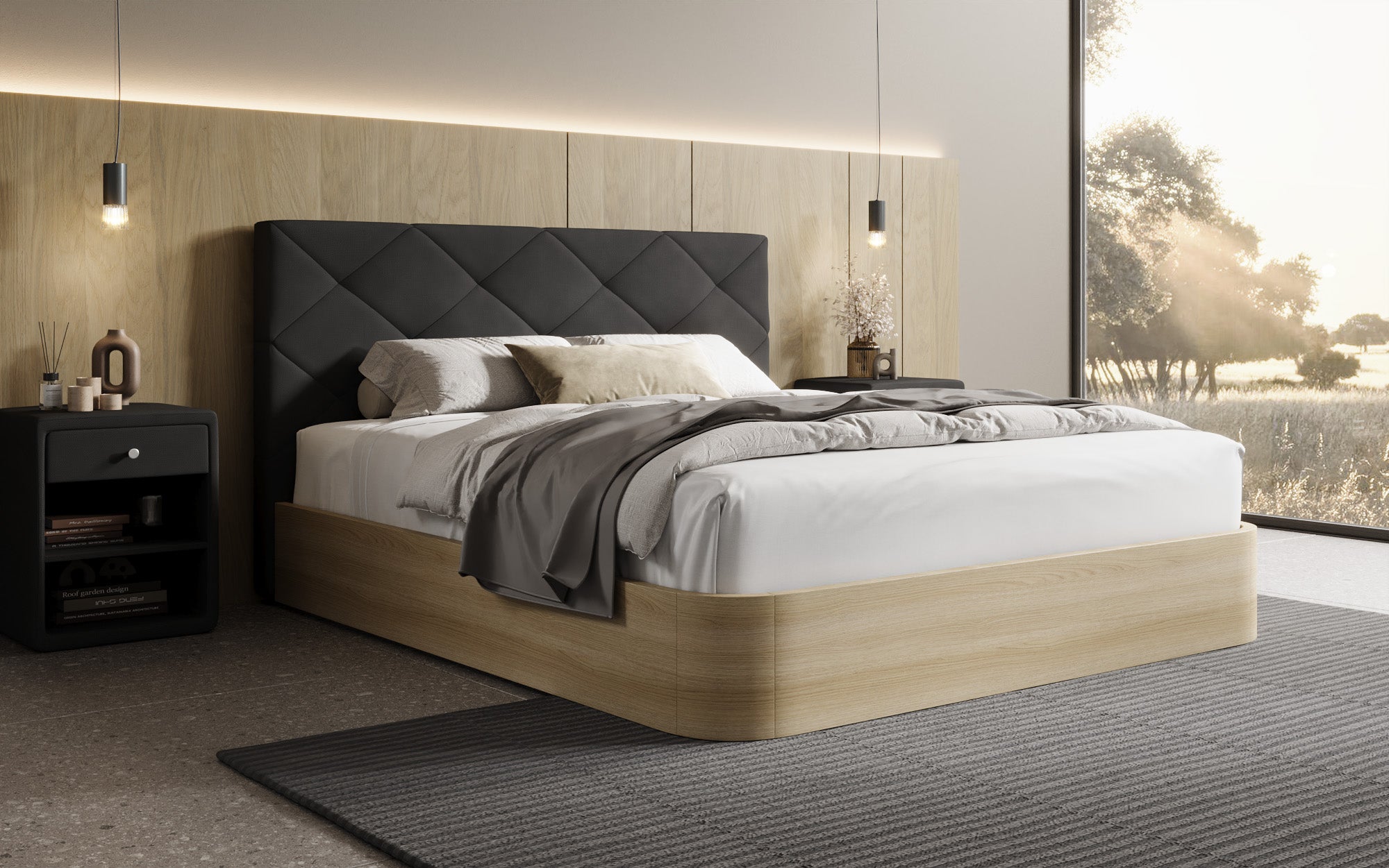 Designer upholstered bed Fiore Caro in fabric with storage space
