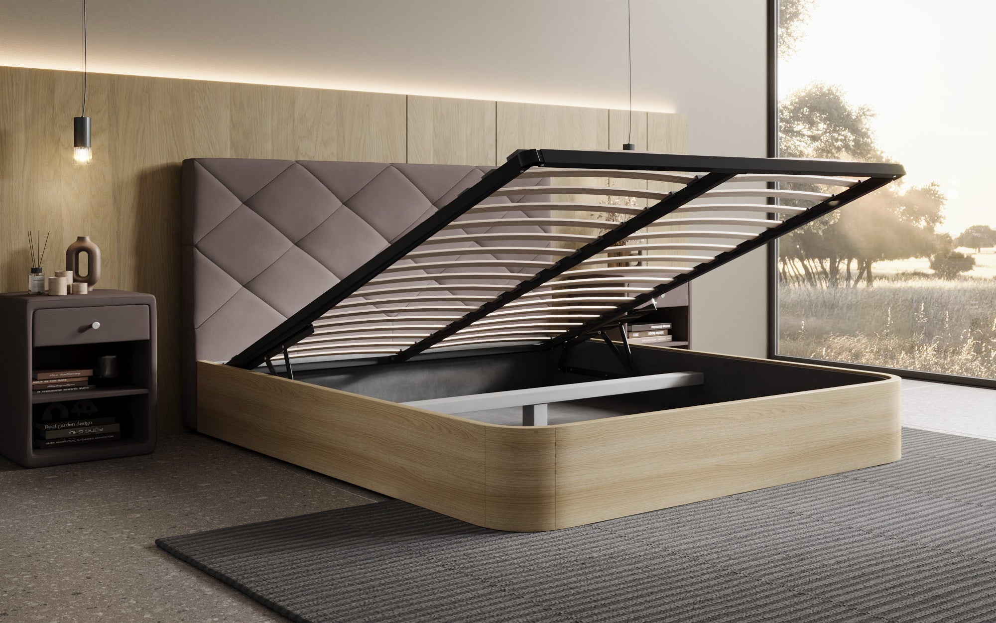 Designer upholstered bed Fiore Caro in fabric with storage space