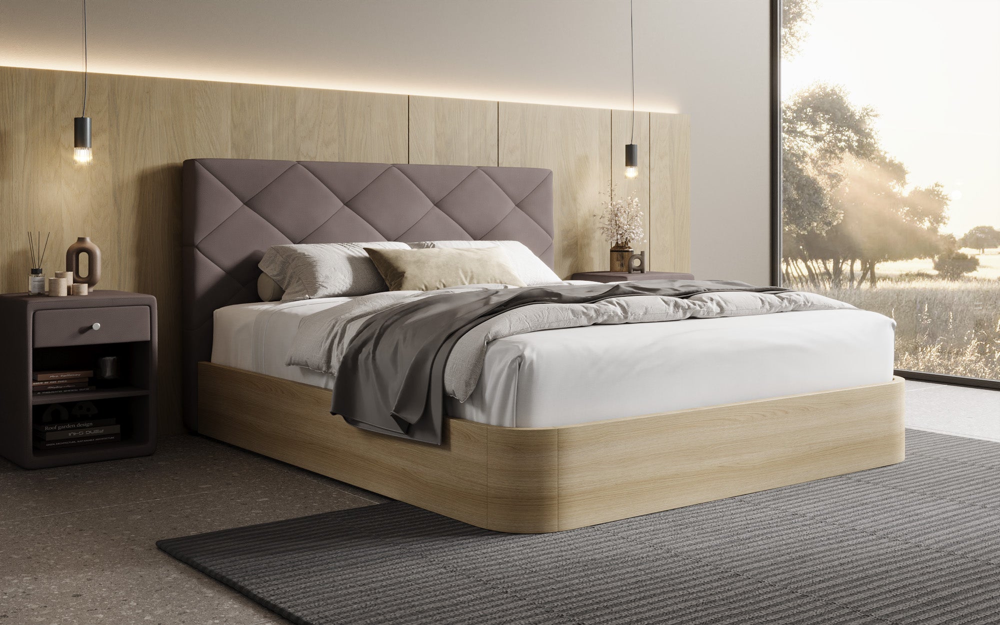 Designer upholstered bed Fiore Caro in fabric with storage space