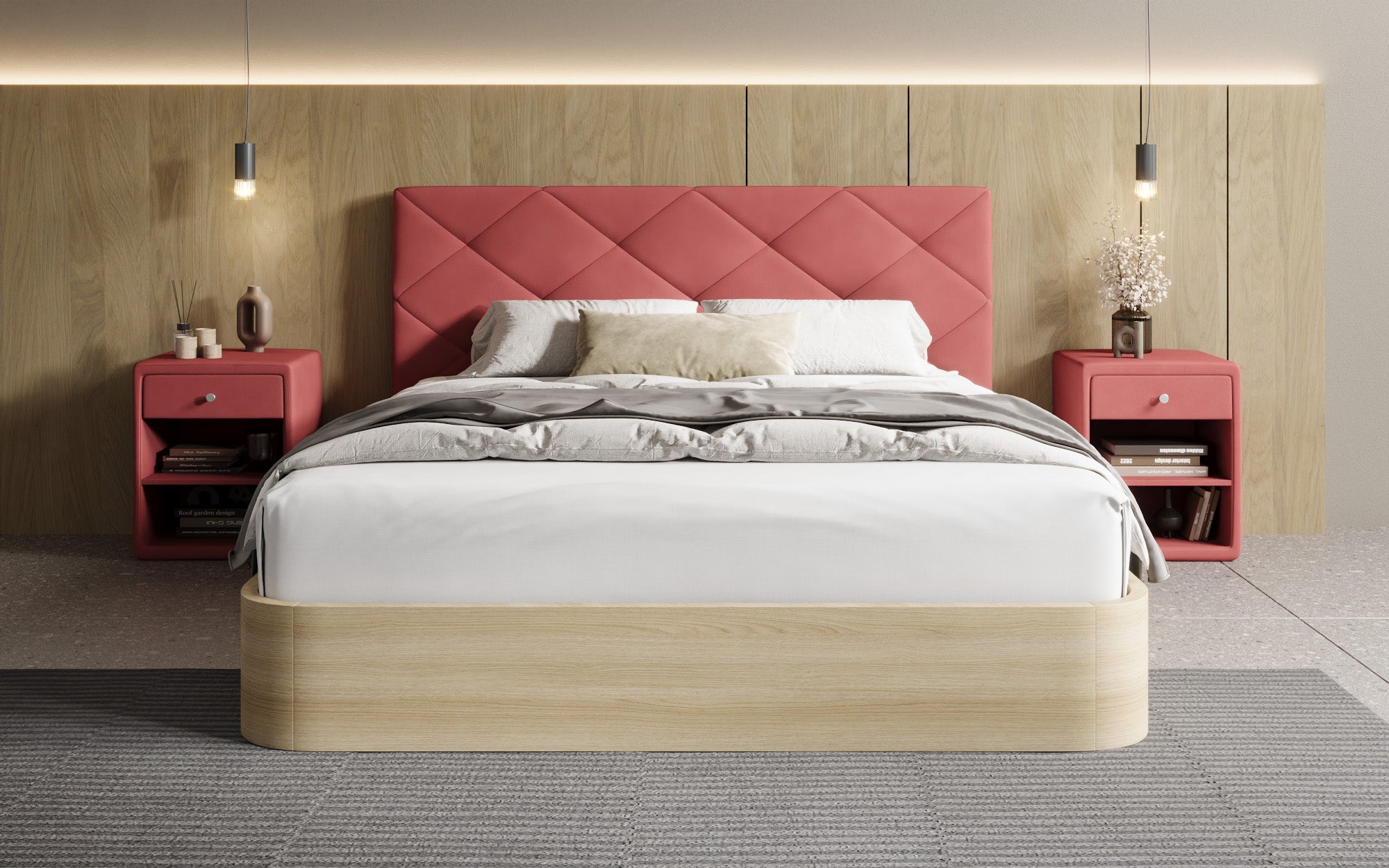 Designer upholstered bed Fiore Caro in fabric with storage space