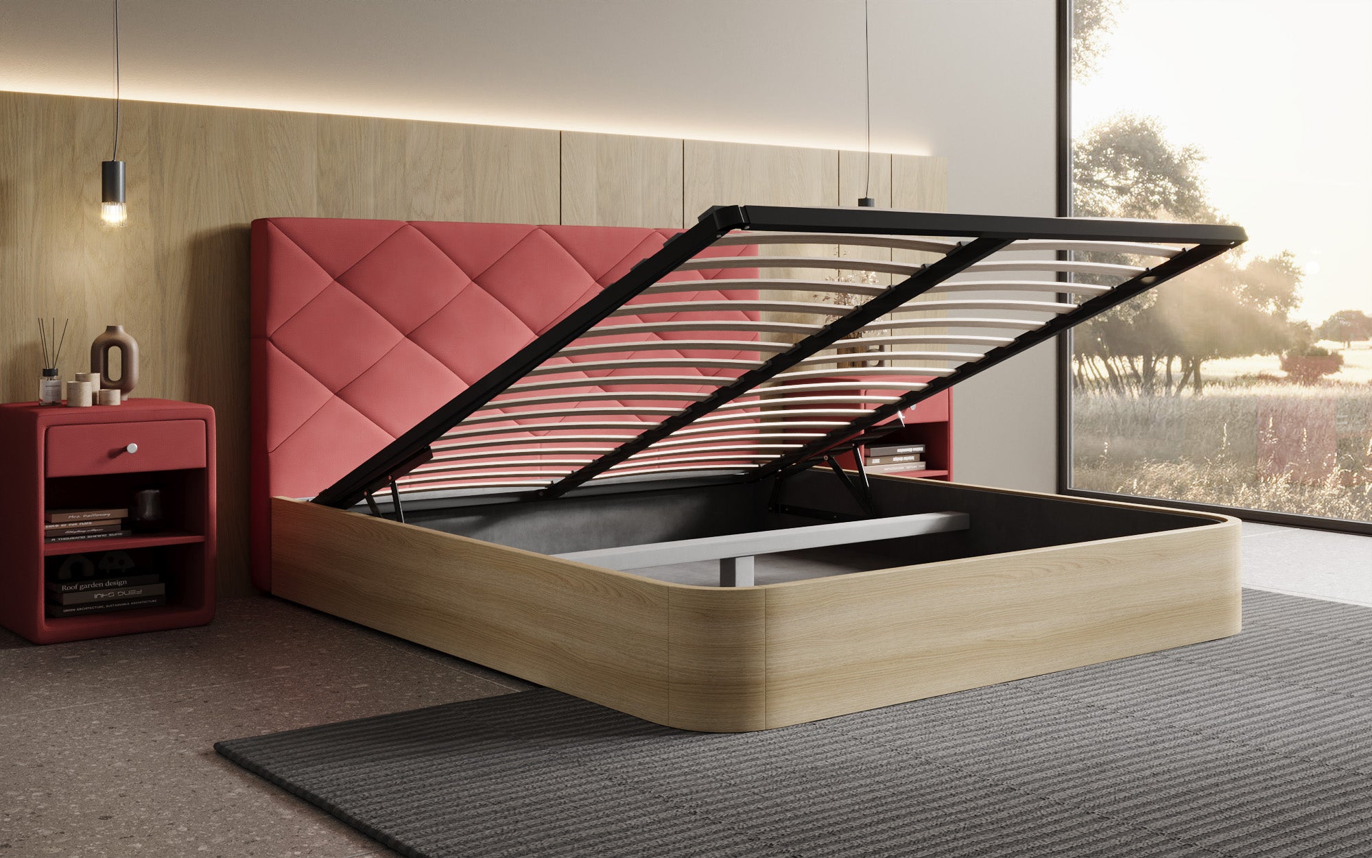 Designer upholstered bed Fiore Caro in fabric with storage space