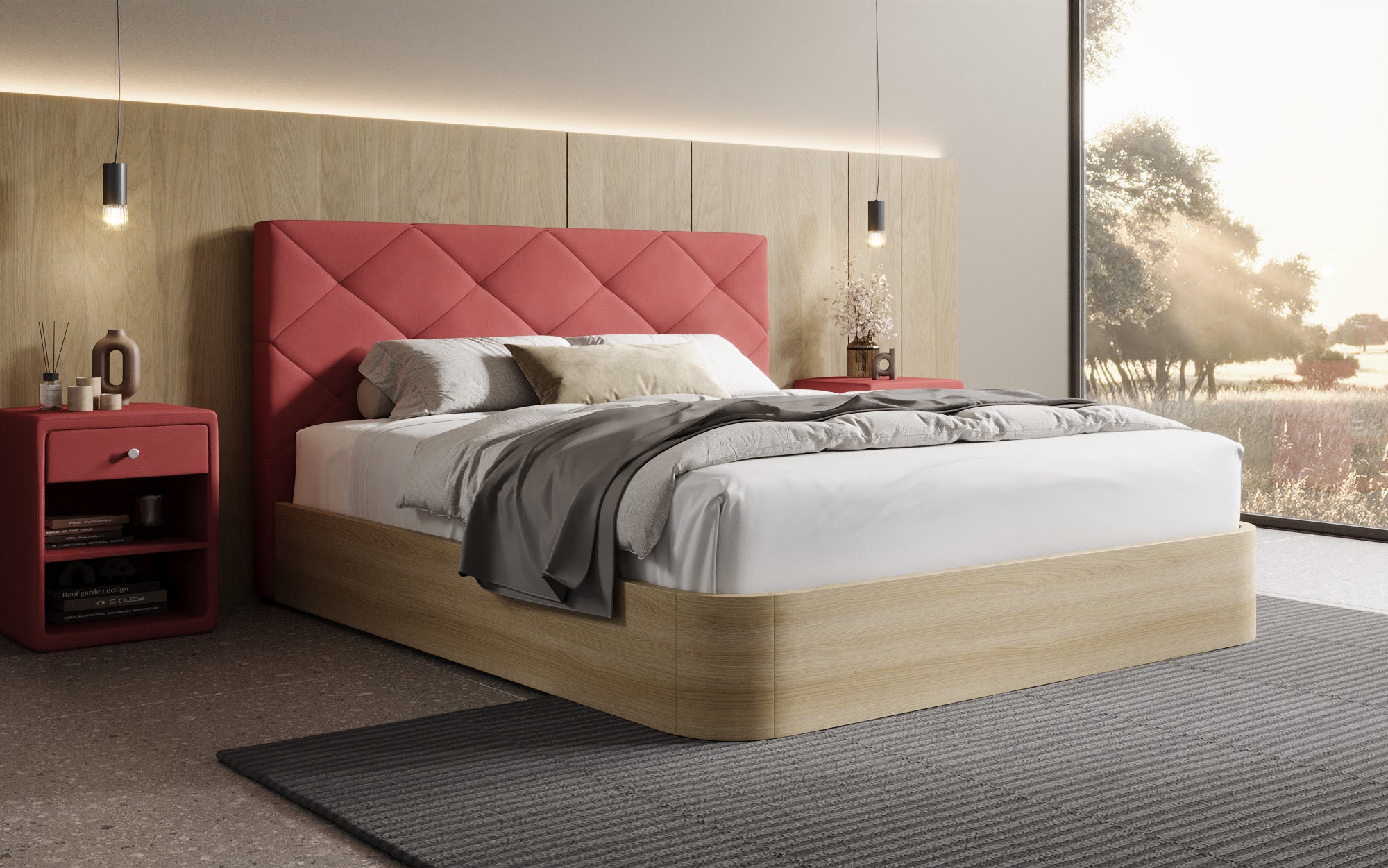 Designer upholstered bed Fiore Caro in fabric with storage space