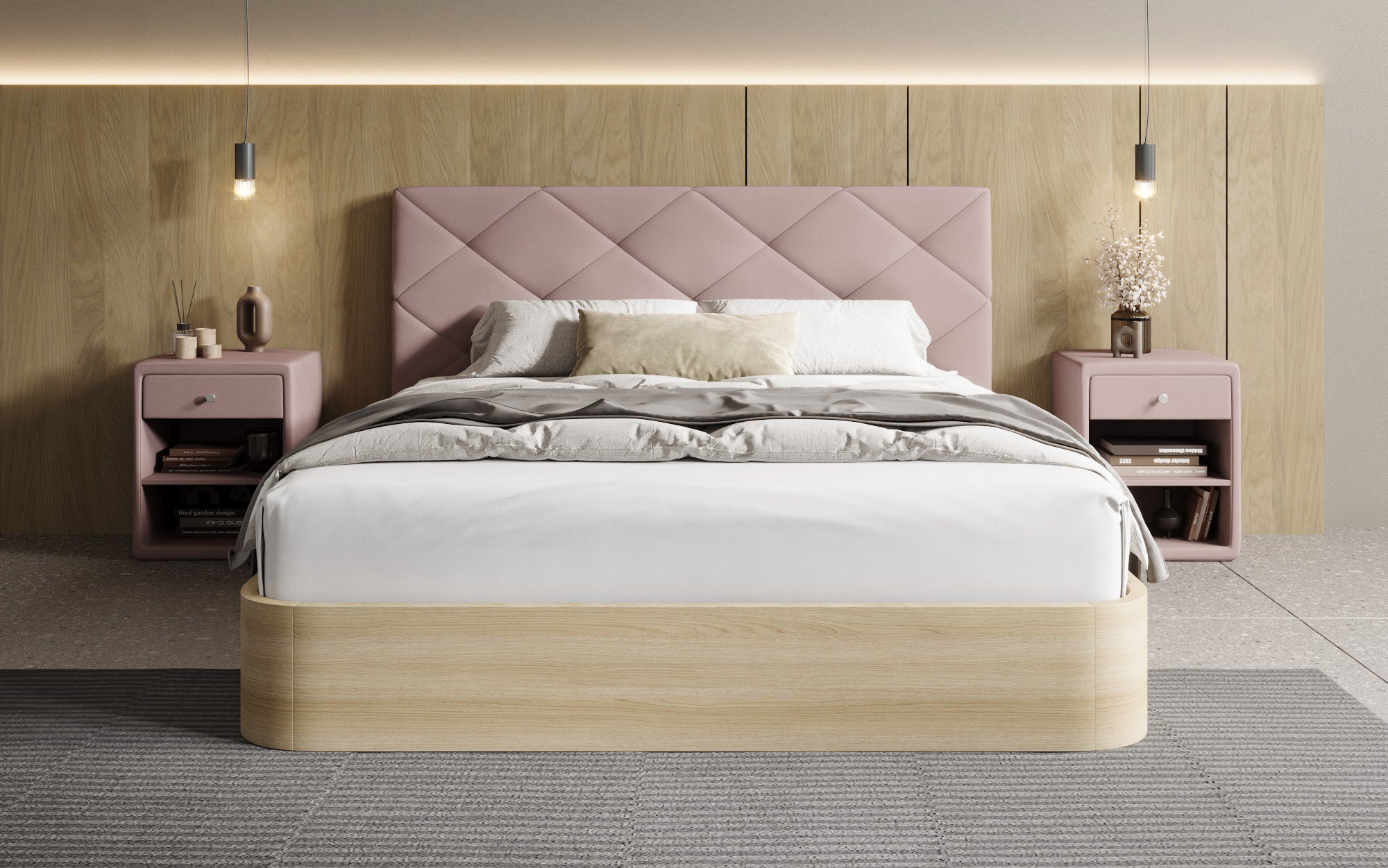 Designer upholstered bed Fiore Caro in fabric with storage space