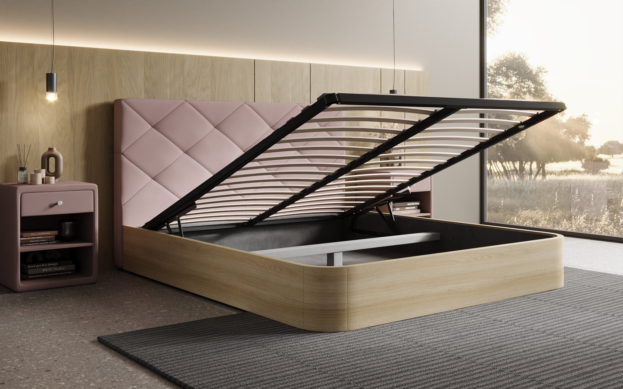Designer upholstered bed Fiore Caro in fabric with storage space