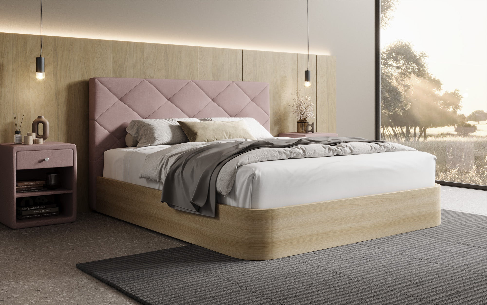 Designer upholstered bed Fiore Caro in fabric with storage space