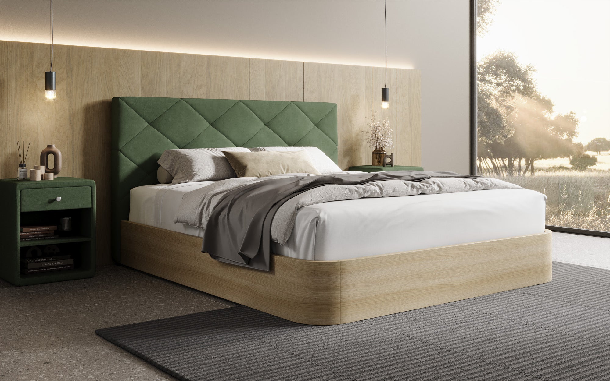 Designer upholstered bed Fiore Caro in fabric with storage space