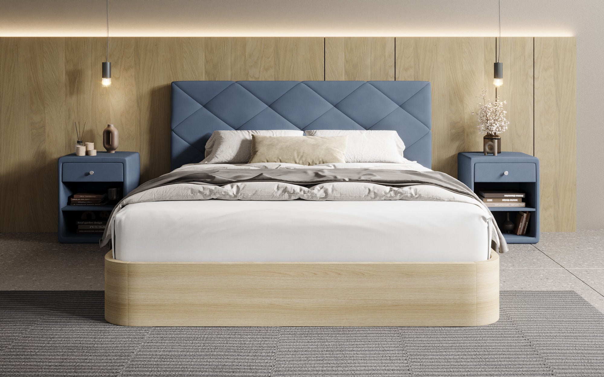 Designer upholstered bed Fiore Caro in fabric with storage space