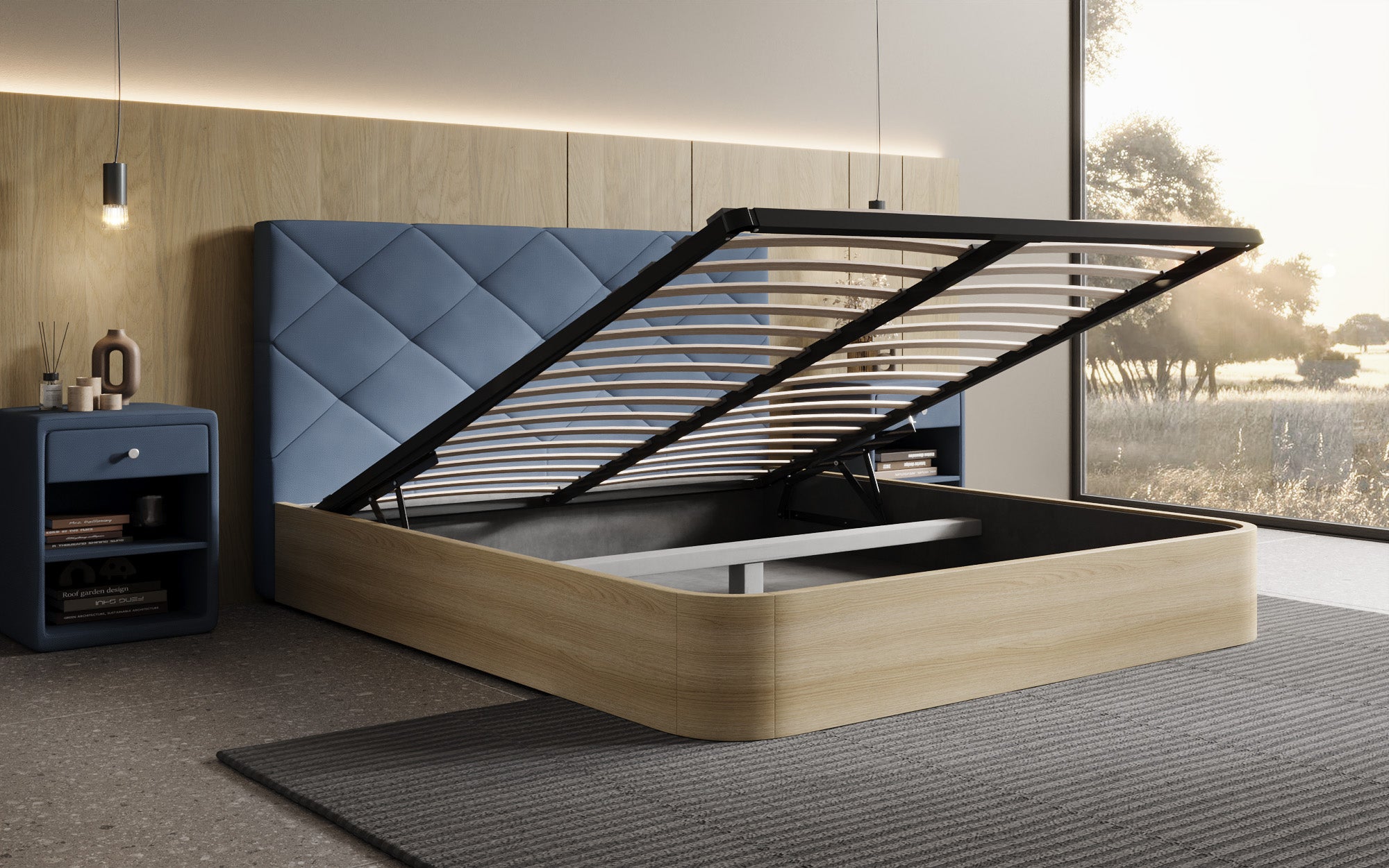 Designer upholstered bed Fiore Caro in fabric with storage space