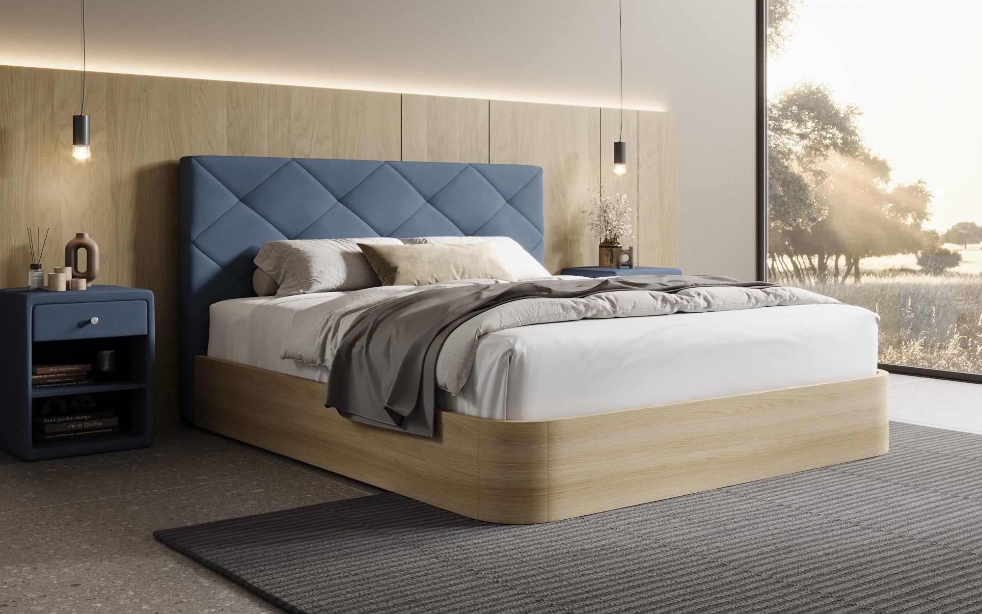 Designer upholstered bed Fiore Caro in fabric with storage space