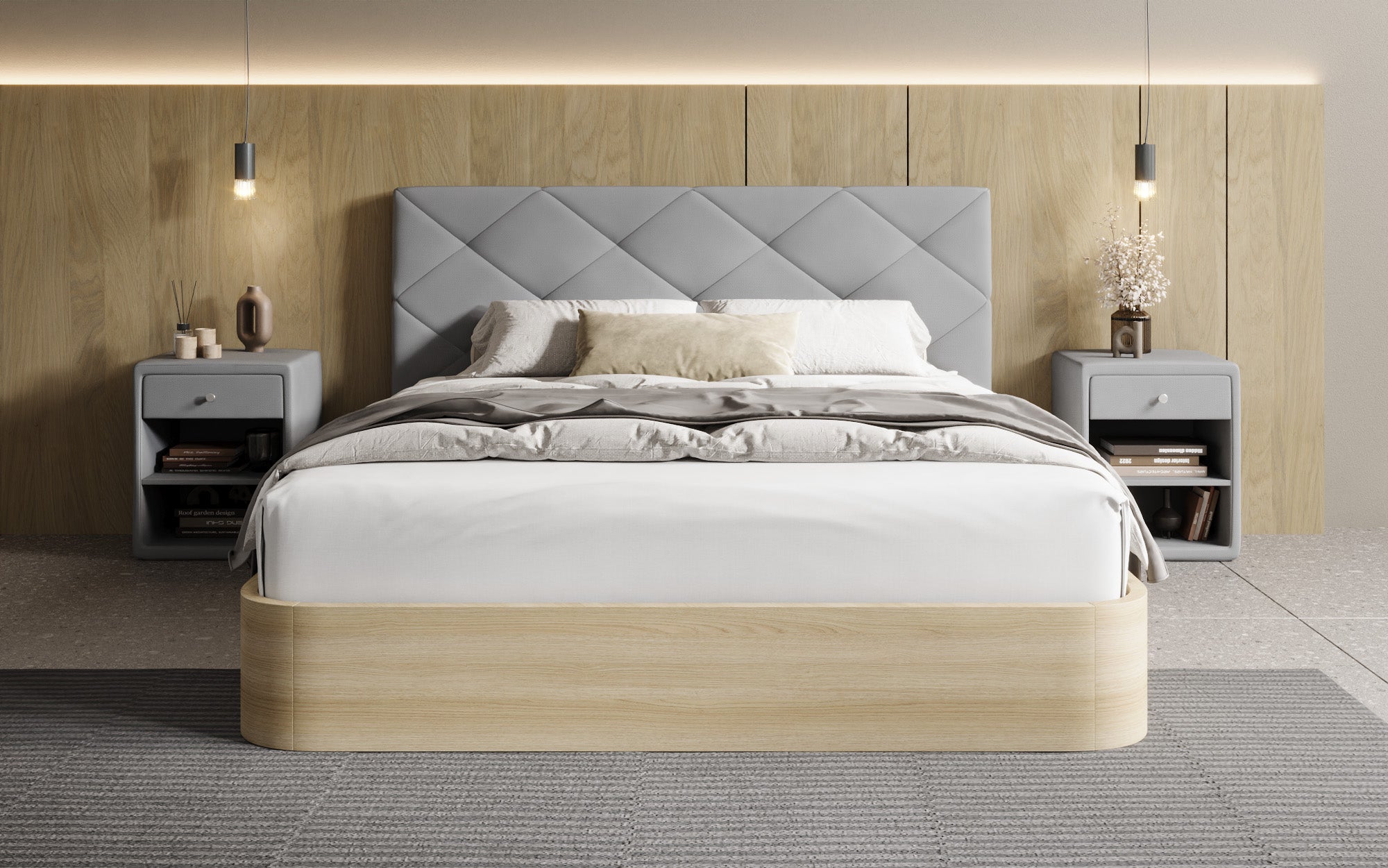 Designer upholstered bed Fiore Caro in fabric with storage space