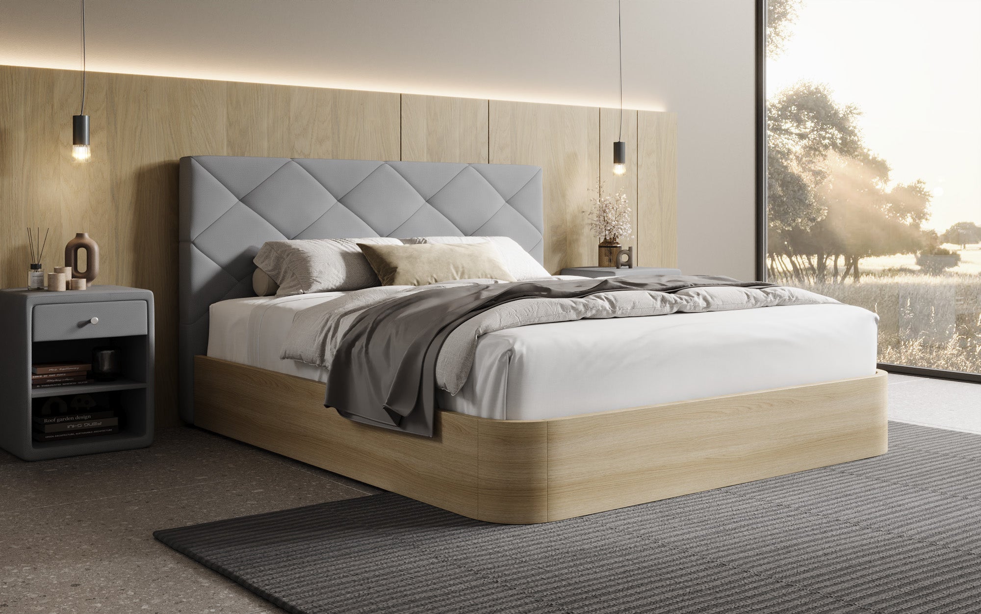 Designer upholstered bed Fiore Caro in fabric with storage space