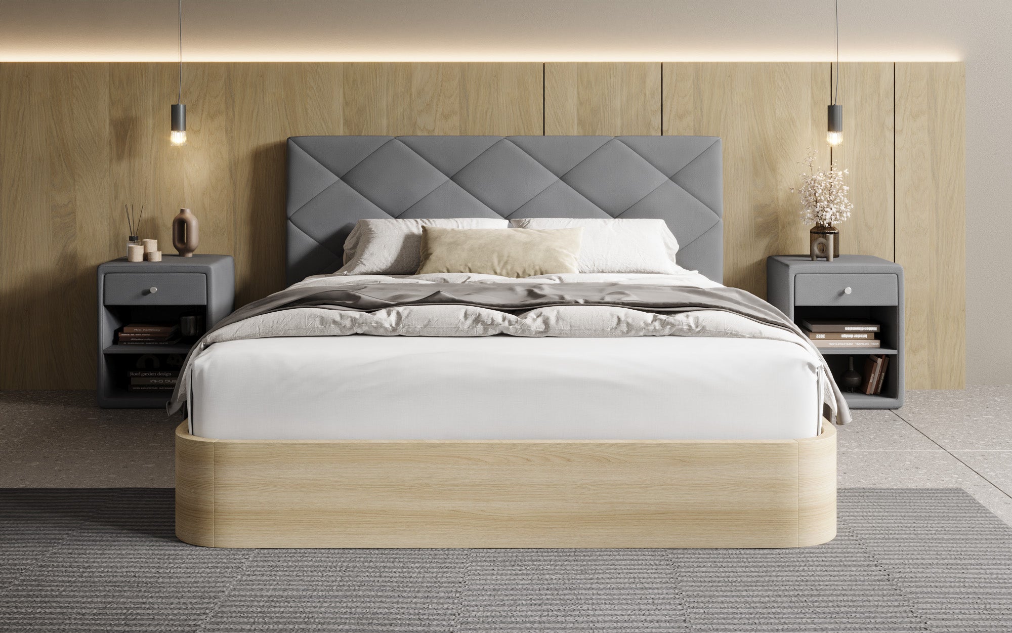 Designer upholstered bed Fiore Caro in fabric with storage space