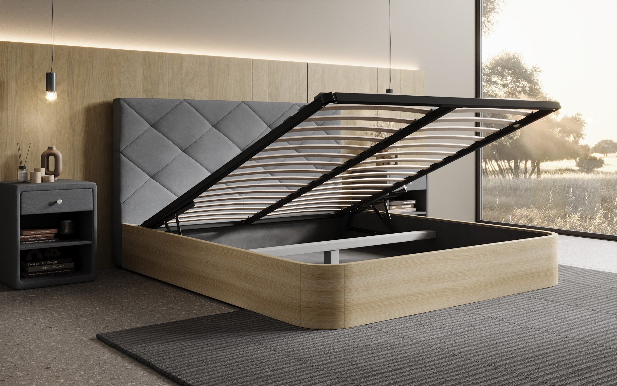 Designer upholstered bed Fiore Caro in fabric with storage space