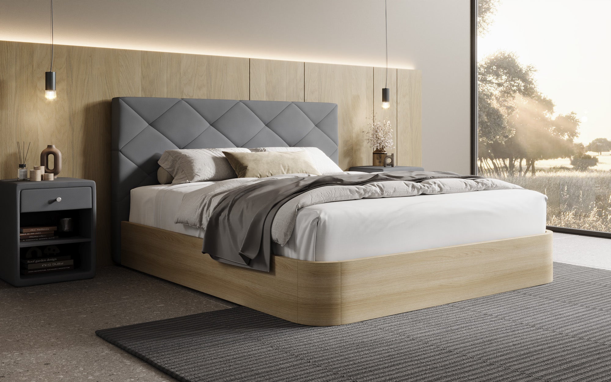 Designer upholstered bed Fiore Caro in fabric with storage space