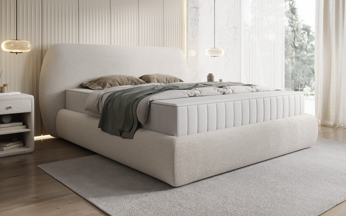 Designer upholstered bed Nella in teddy bouclé with storage space