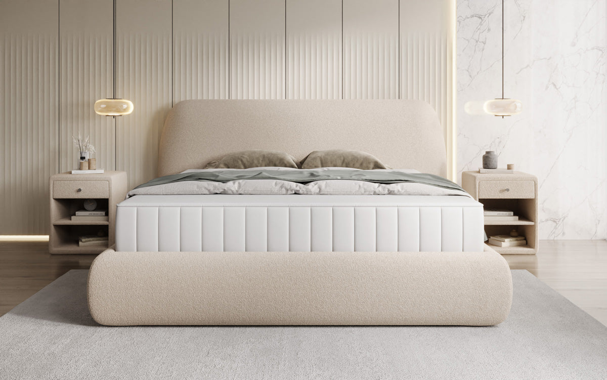 Designer upholstered bed Nella in teddy bouclé with storage space