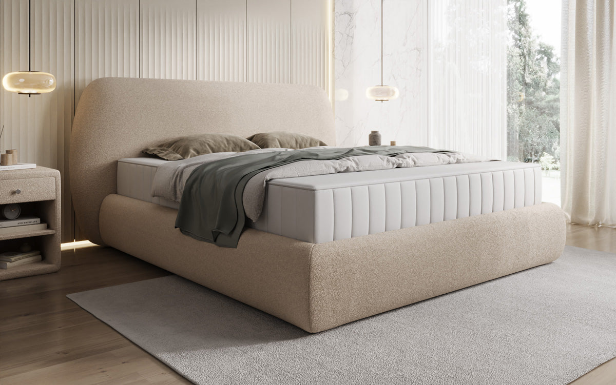 Designer upholstered bed Nella in teddy bouclé with storage space