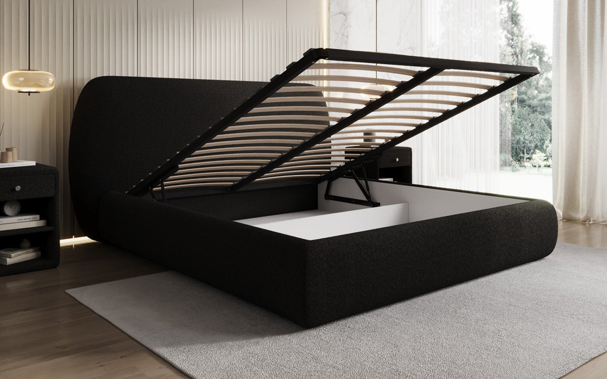 Designer upholstered bed Nella in teddy bouclé with storage space