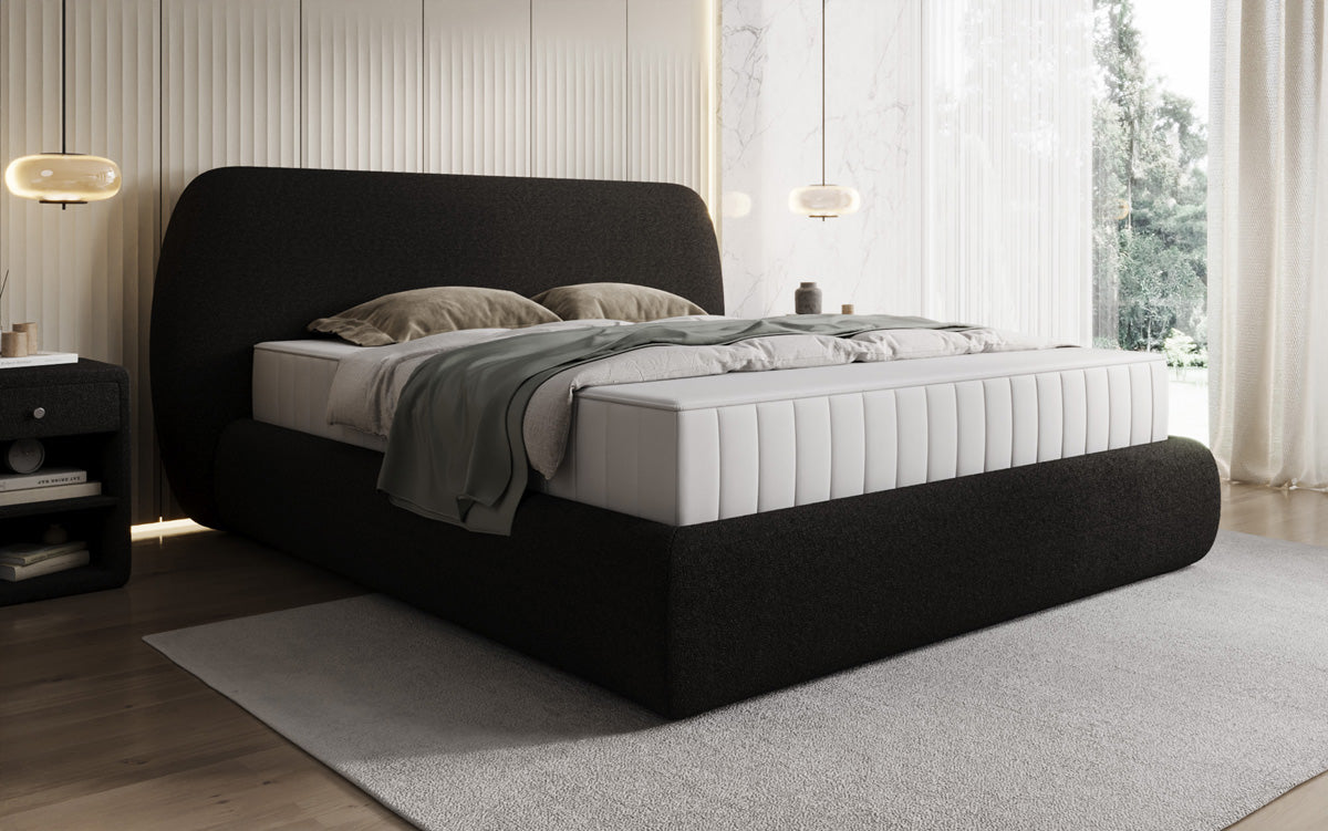 Designer upholstered bed Nella in teddy bouclé with storage space