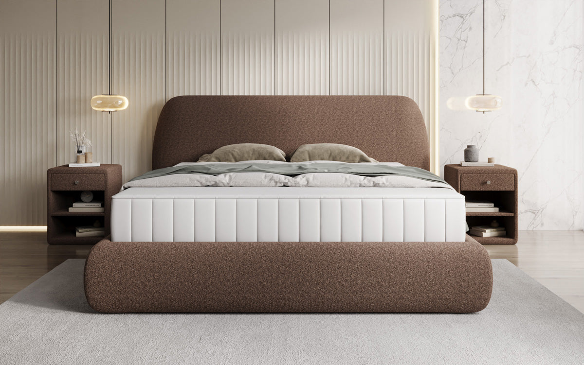 Designer upholstered bed Nella in teddy bouclé with storage space