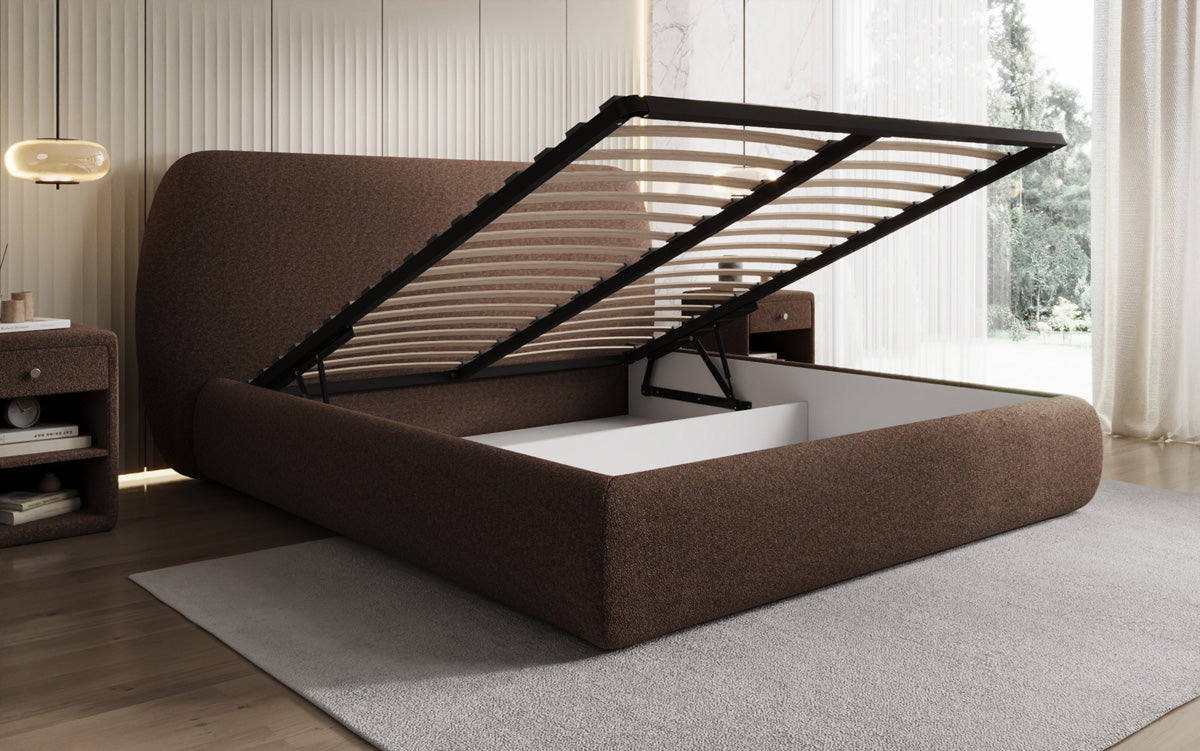 Designer upholstered bed Nella in teddy bouclé with storage space
