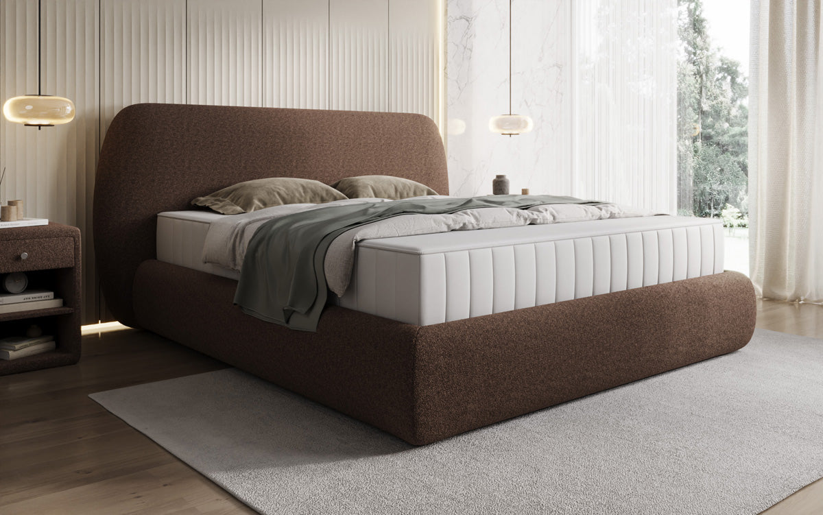 Designer upholstered bed Nella in teddy bouclé with storage space