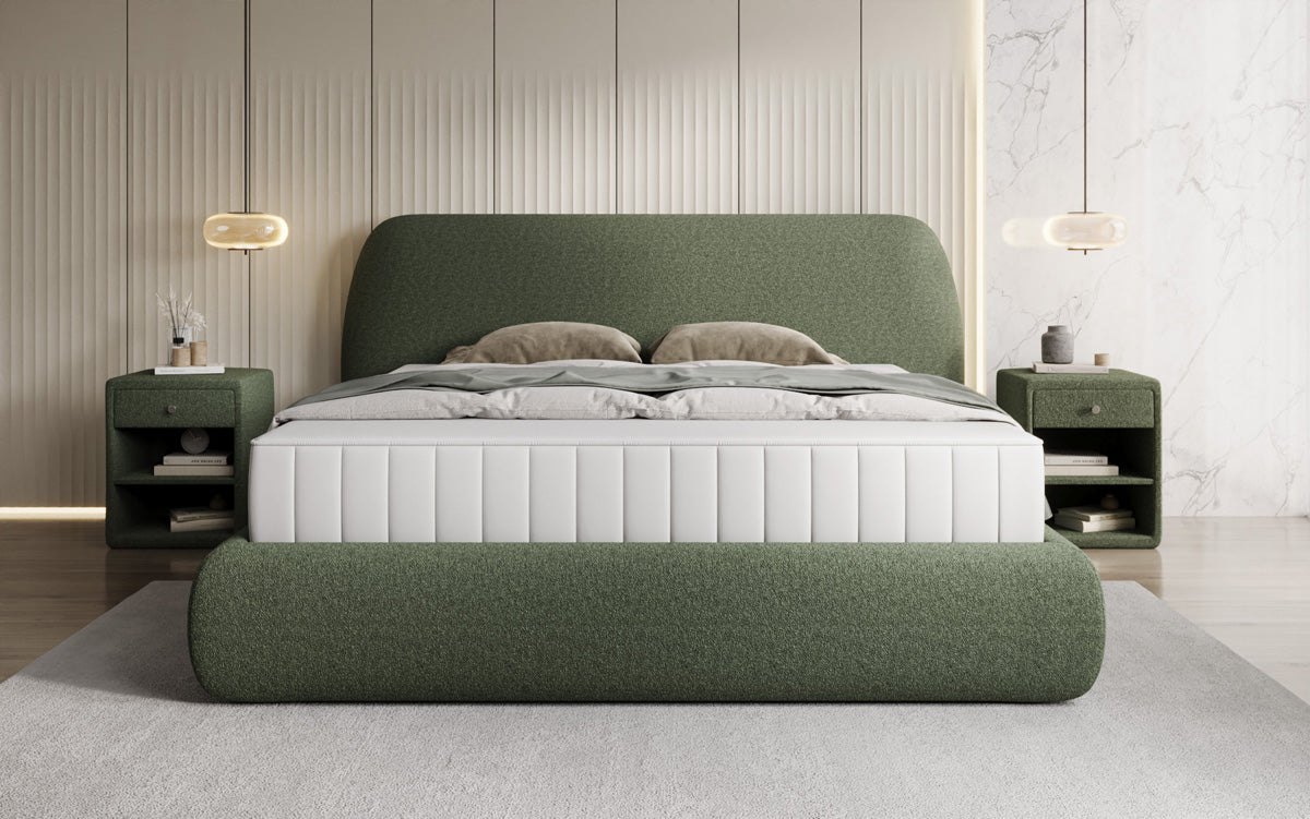 Designer upholstered bed Nella in teddy bouclé with storage space