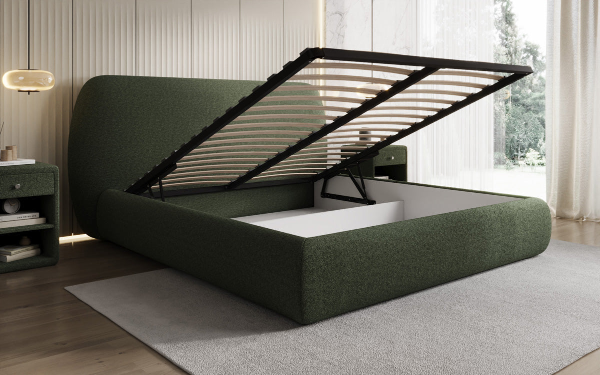 Designer upholstered bed Nella in teddy bouclé with storage space