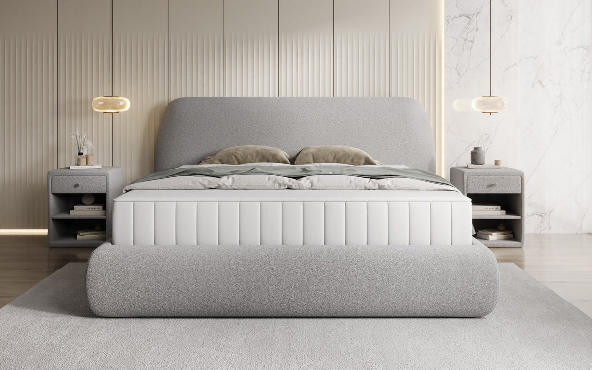 Designer upholstered bed Nella in teddy bouclé with storage space