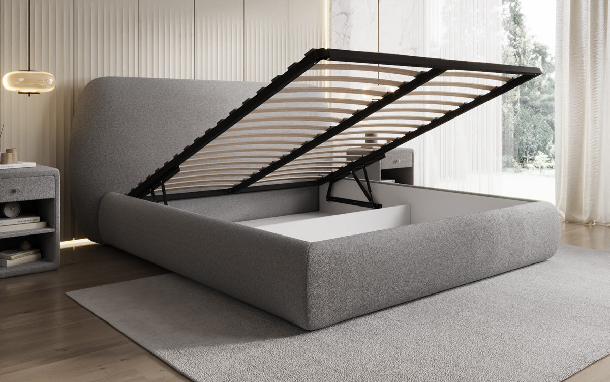 Designer upholstered bed Nella in teddy bouclé with storage space