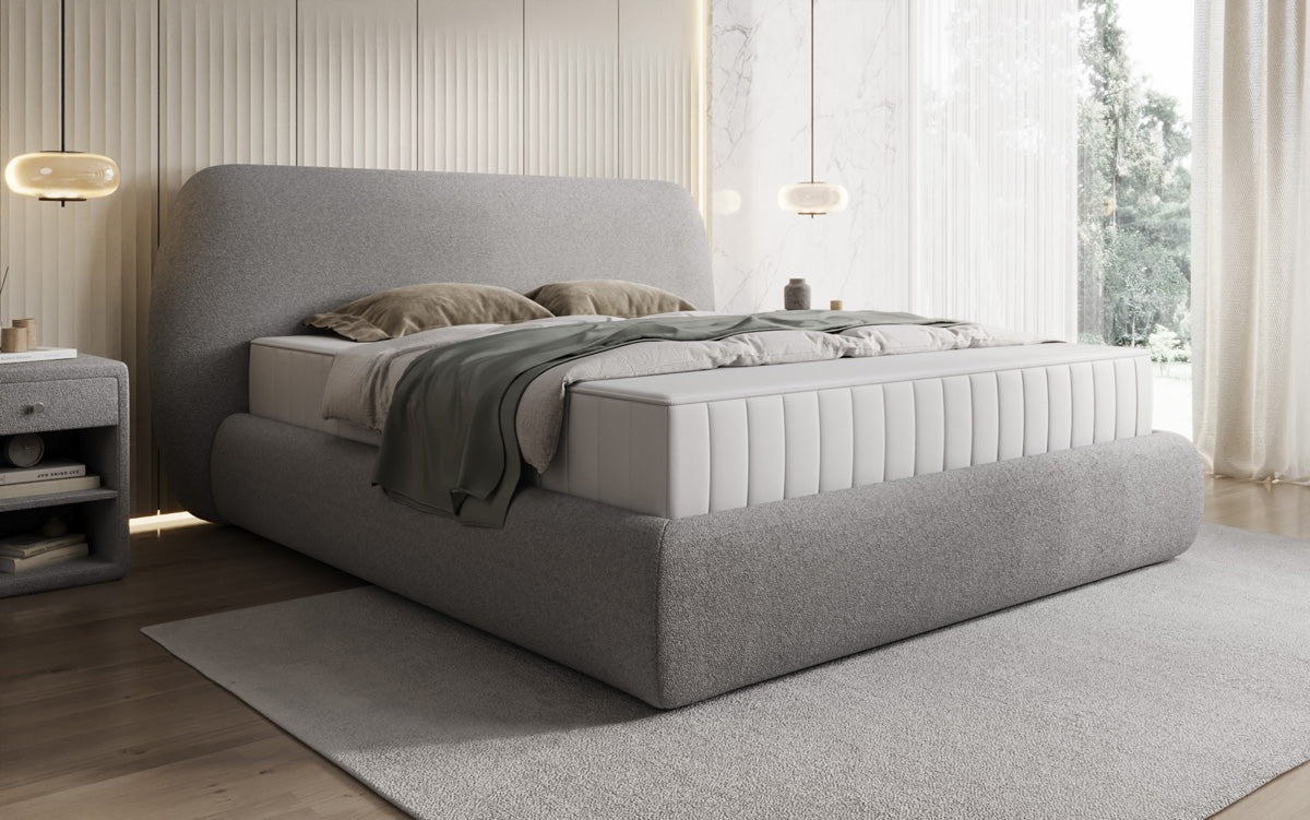 Designer upholstered bed Nella in teddy bouclé with storage space