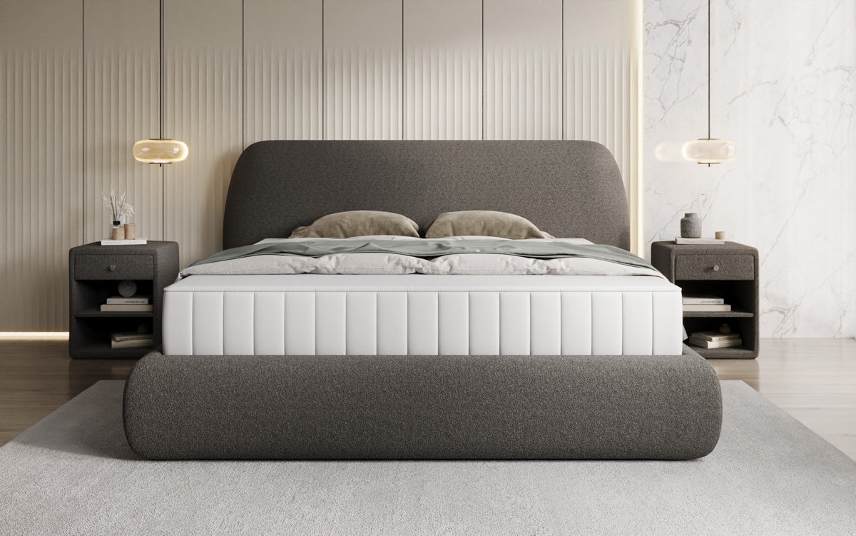 Designer upholstered bed Nella in teddy bouclé with storage space