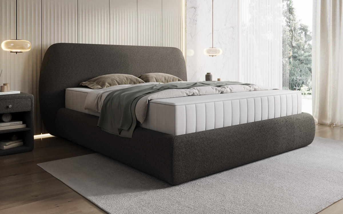 Designer upholstered bed Nella in teddy bouclé with storage space