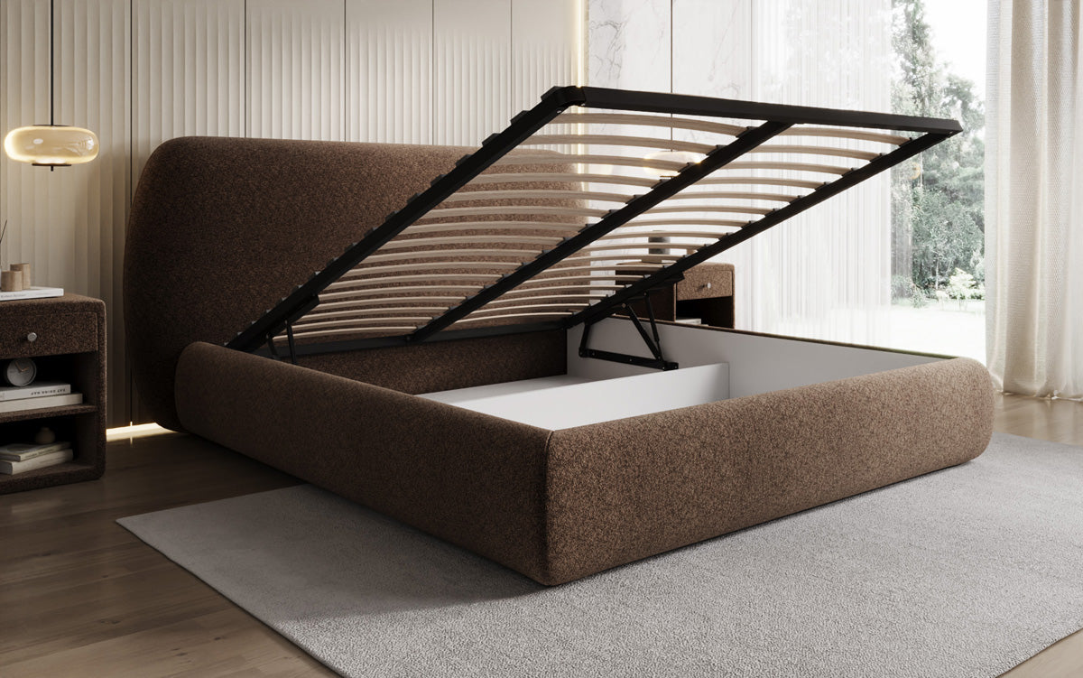 Designer upholstered bed Nella in textured fabric with storage space